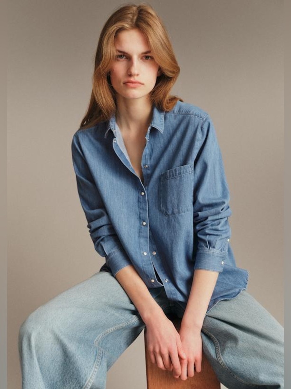 Sezane Max Shirt in Deep Blue Long Sleeve Oversized Snap Buttons Soft Denim